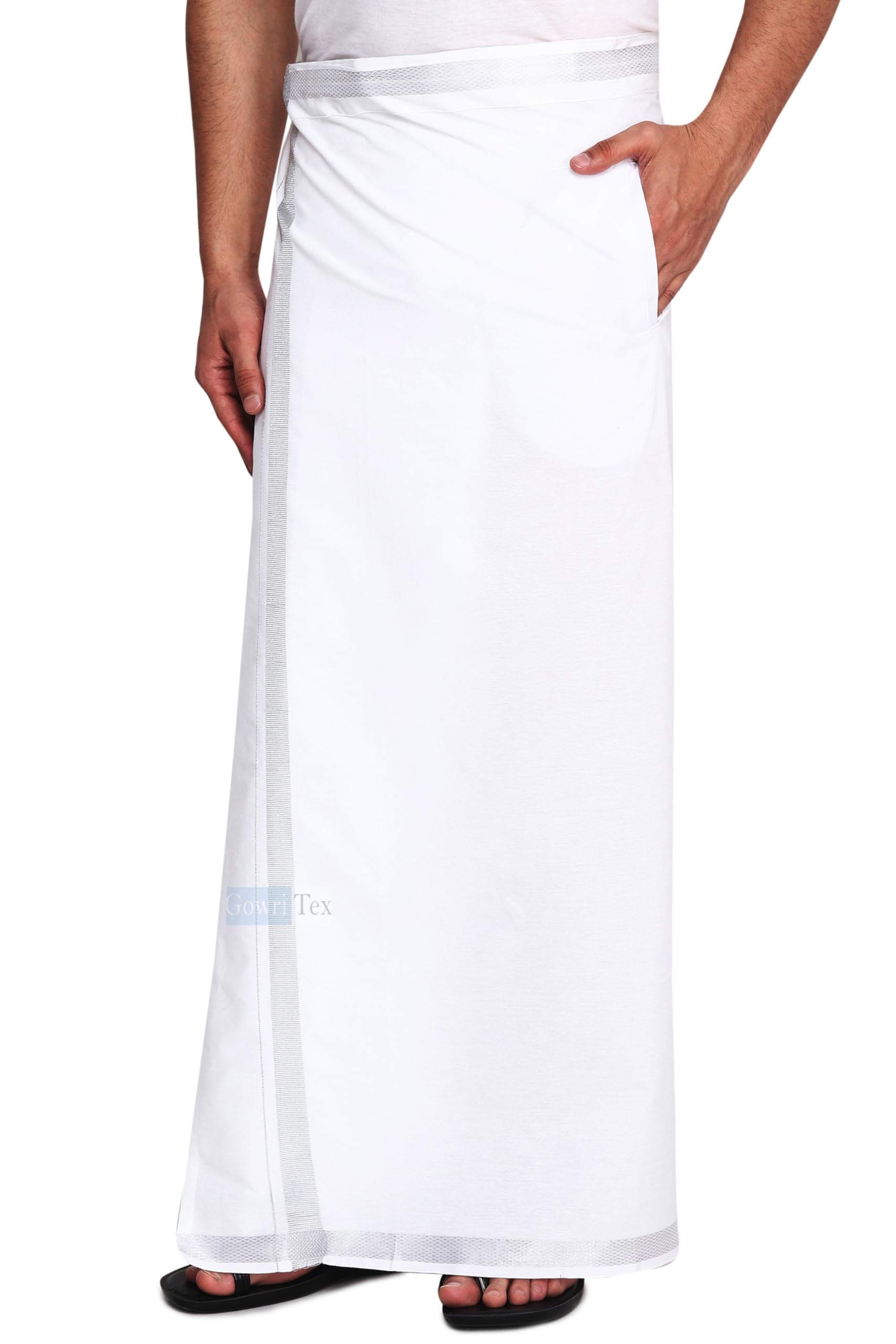 Gowri TexMen's 100% Pure Cotton White With Gold Jari Lungi in Size 2 Mtrs Single Lungi- Pack Of 1
