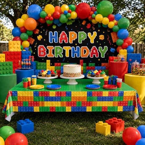 Image of Blue Orchards Brick Table Covers (Pack of 3) - 54 inchx108 inch XL - Building Blocks, Gamer, Building Blocks Birthday, Kids Birthday Party, Decorations for Boys