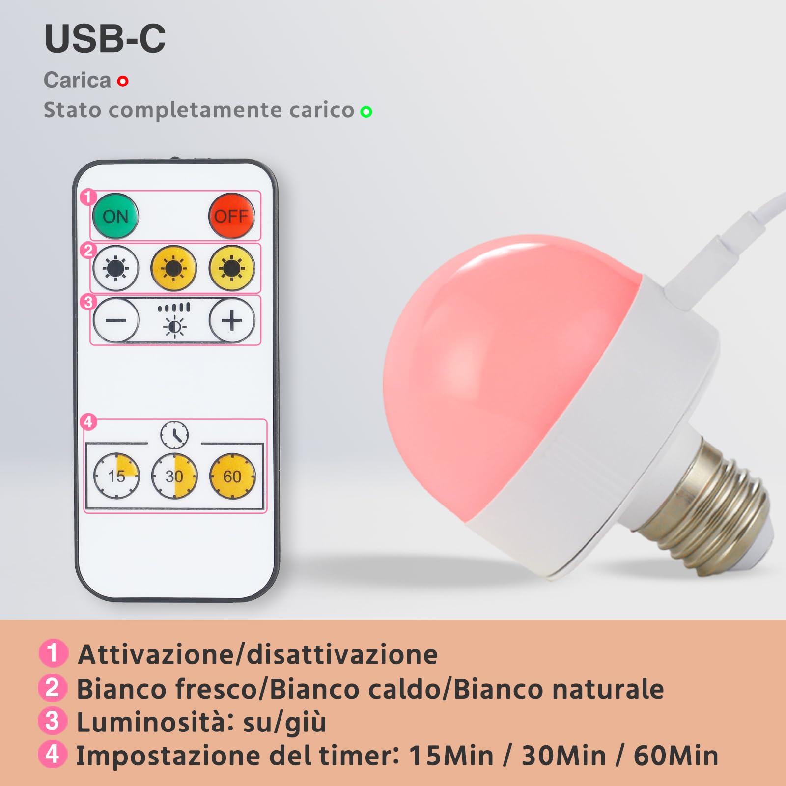 Lampadina Ricaricabile LED Con Telecomando - E27/E26, Dimmerabile, 3 Temperature Colore, Timer, Base Magnetica - Foto 4