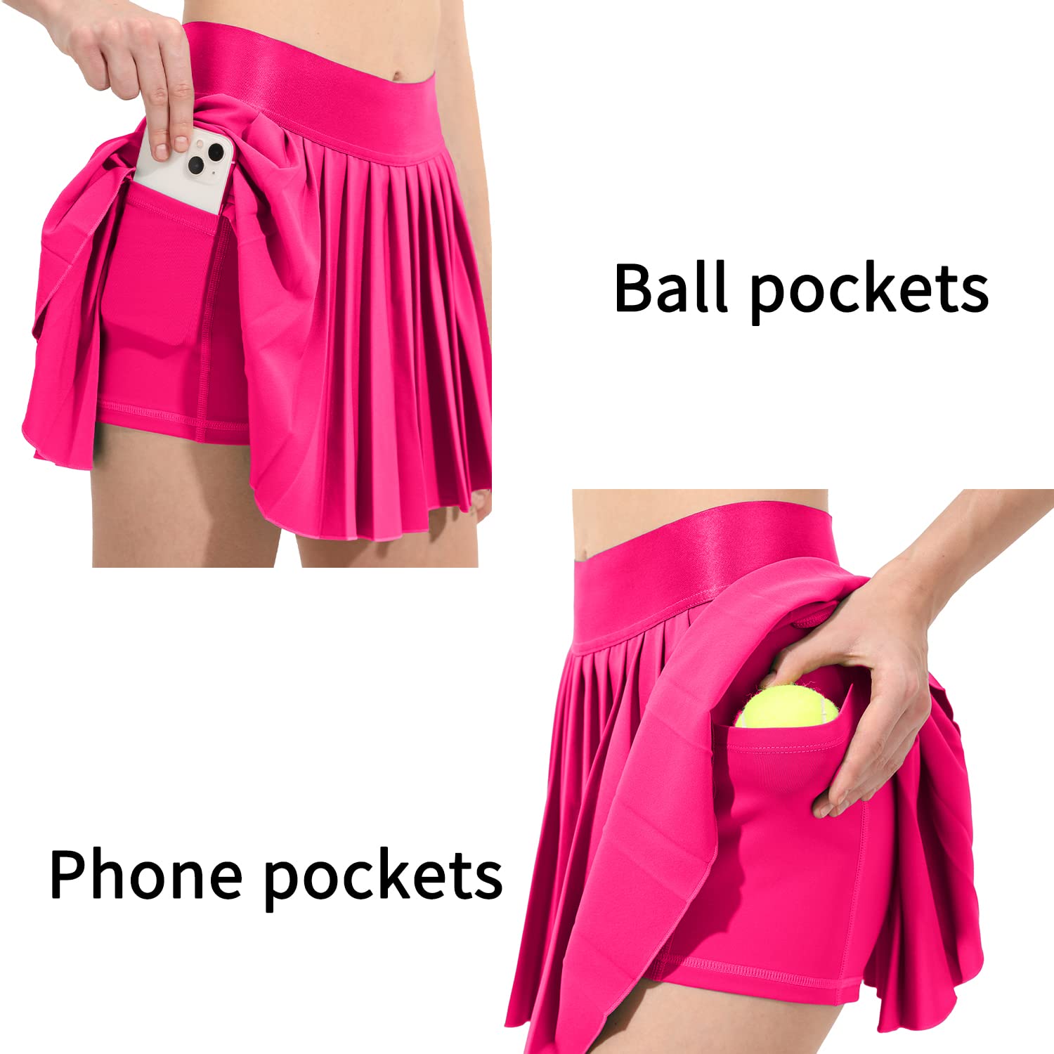 Falda de tenis plisada para mujer, pantalones cortos integrados, faldas atléticas de cintura alta, con bolsillos, holgada, casual, Rosa encendido, Large
