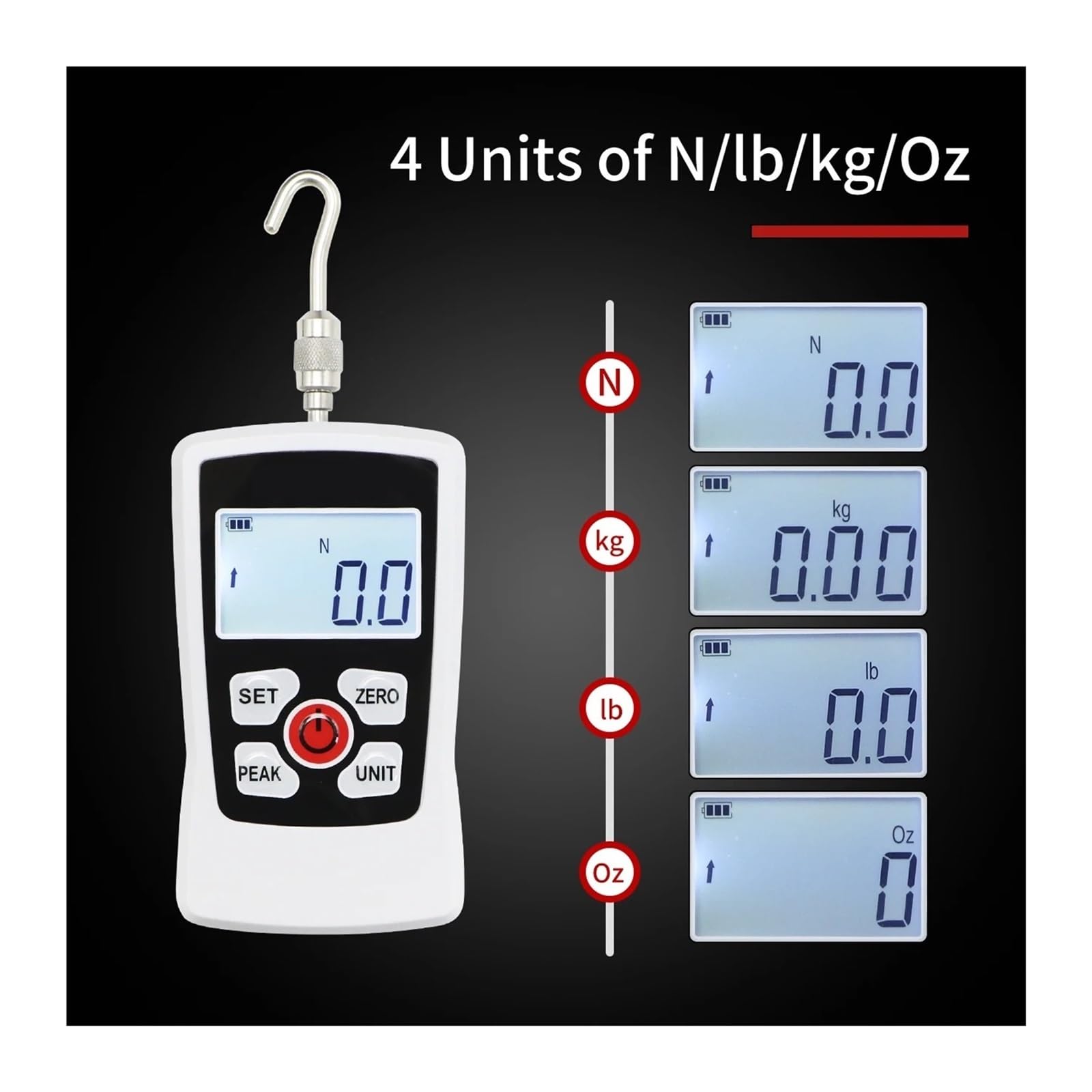 Dinamómetro, Medidor de fuerza digital prueba empuje y tracción Retroiluminación automática, función alarma zumbador(20N)