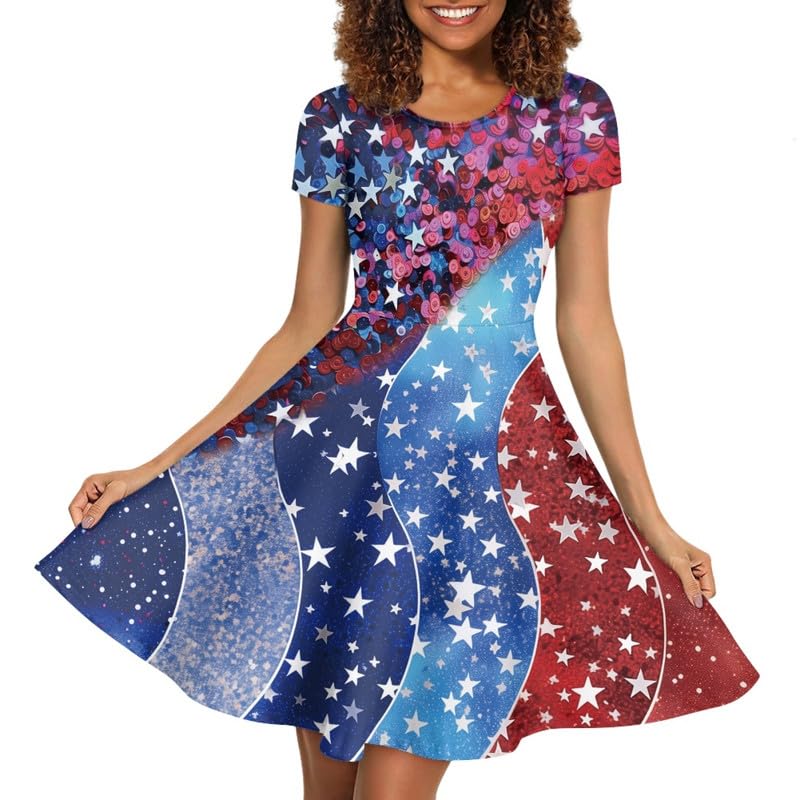 Image of Irisjudy T Shirt Dress for Women Short Sleeve Girls Short Sleeve Dress Plus Size, O Neck Knee Length Midi Dress for Ladies