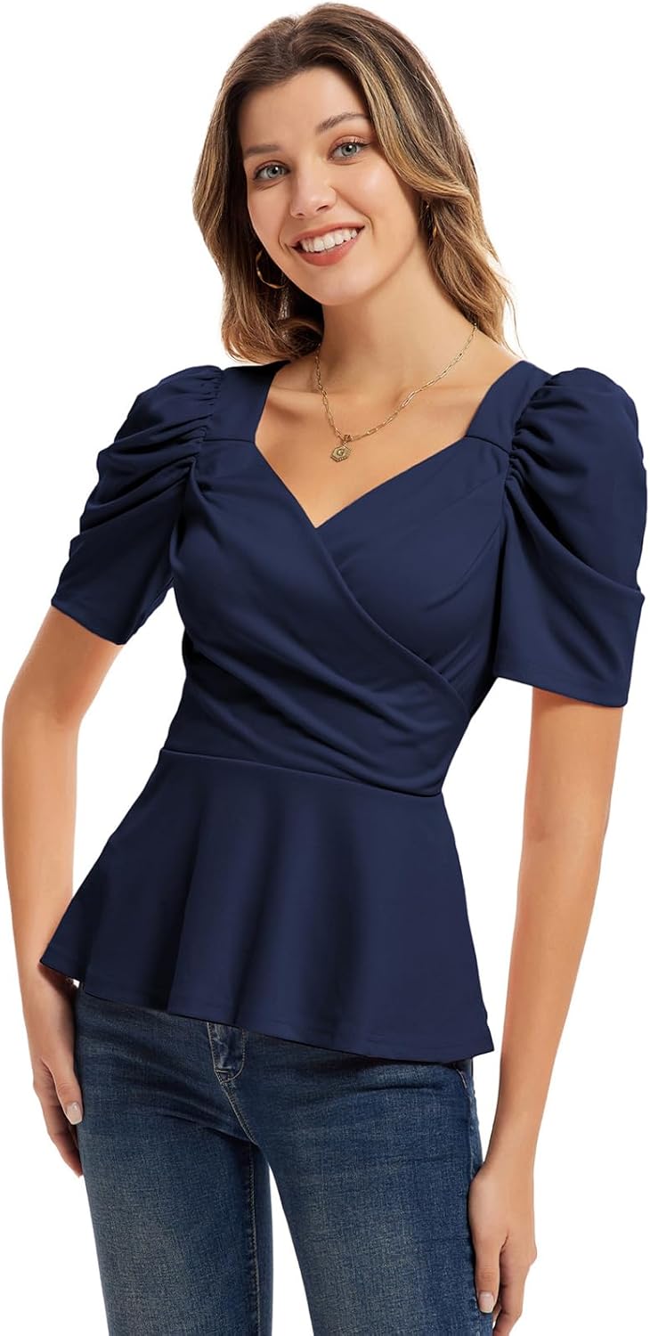 GRACE KARIN 2025 Womens Tops Elegant Peplum Top Wrap V Neck Puff Short Sleeve Summer Tops Blouse - Image 4