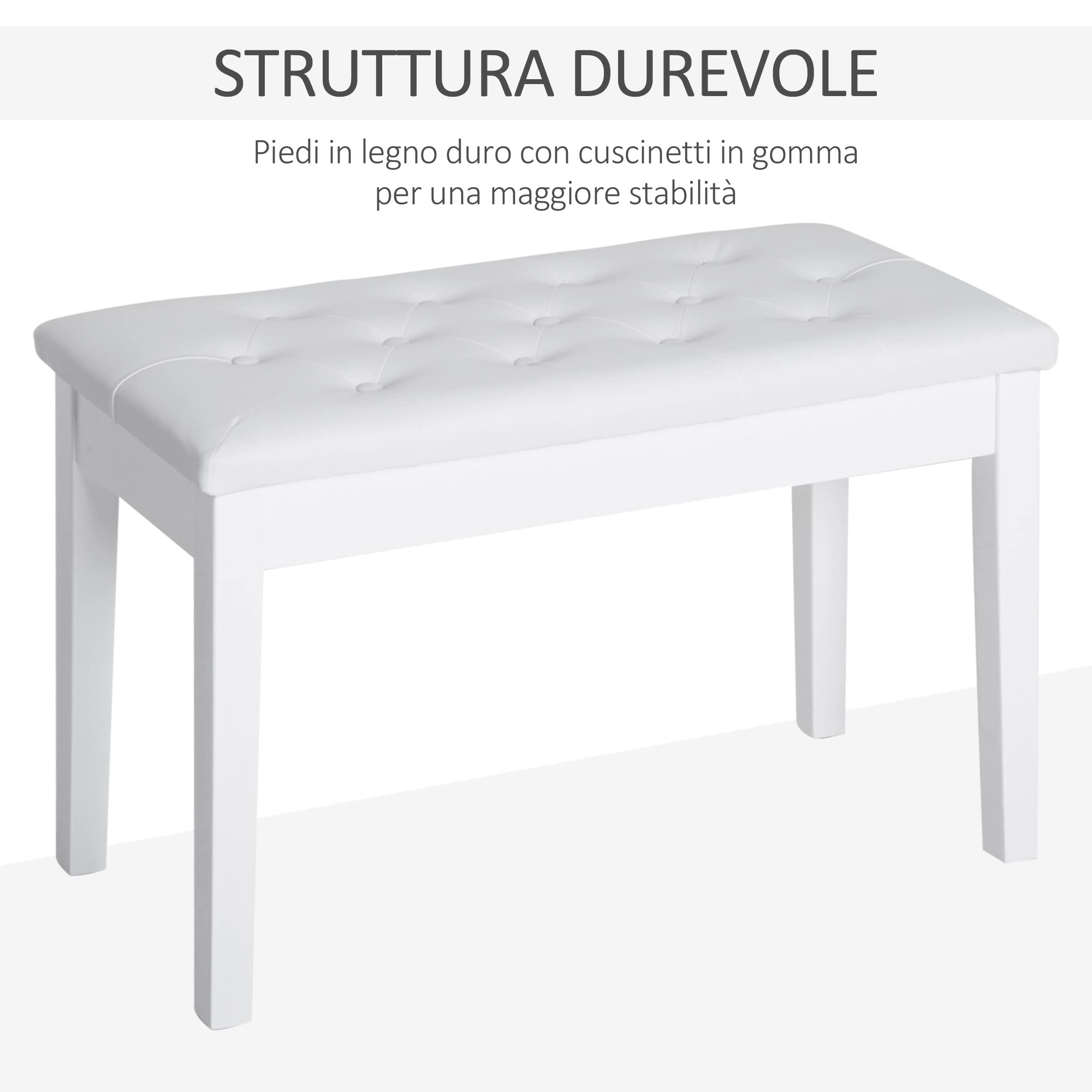 Sgabello Pianoforte HOMCOM - Con Vano Portaoggetti, Ecopelle Bianco, Legno Massiccio, 76x36x50cm