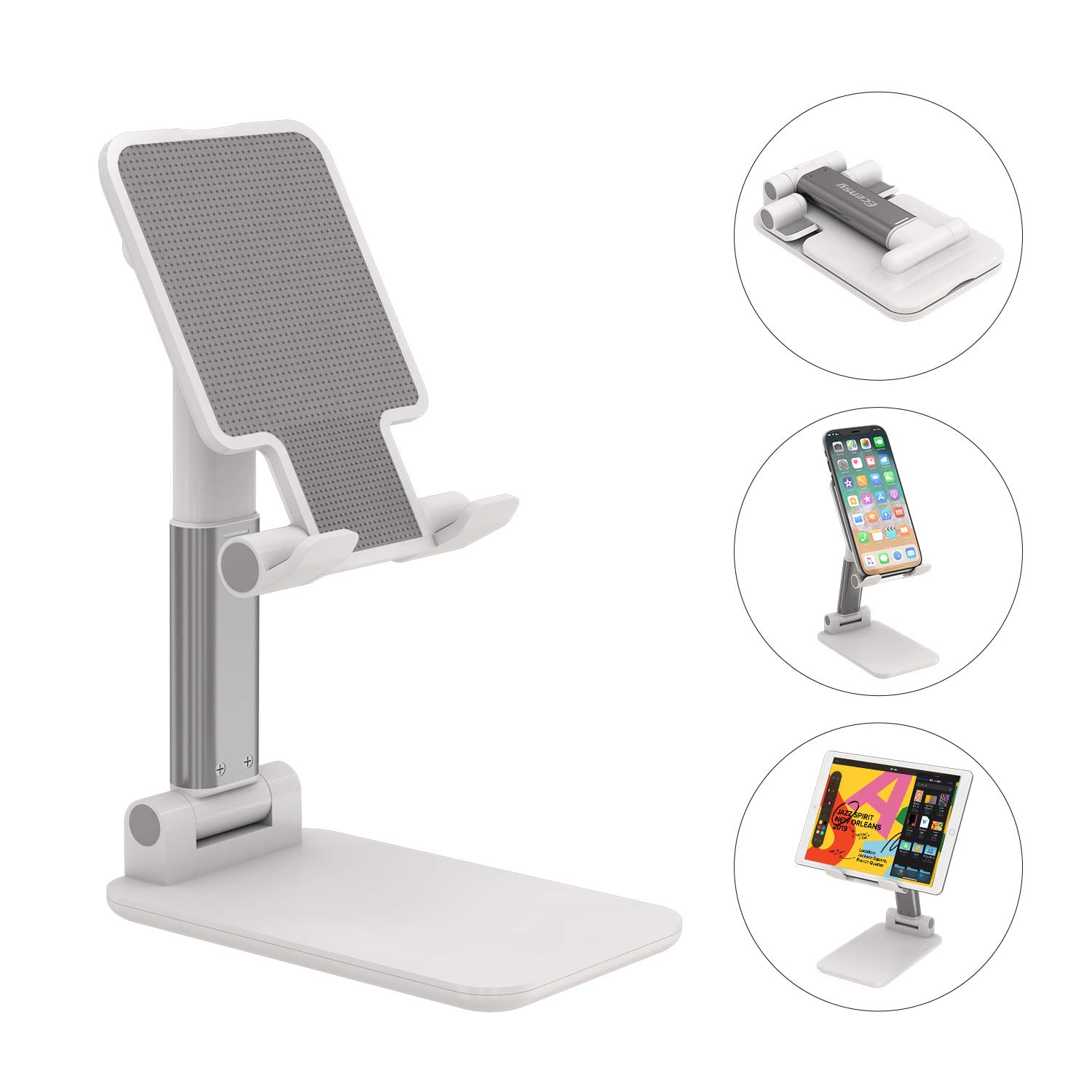 Cell Phone Stand, Adjustable Angle Height Phone Stand for Desk, Foldable Aluminum Desktop Phone Holder, Tablet Stand Compatible for Cell Phone/Tablet (White)