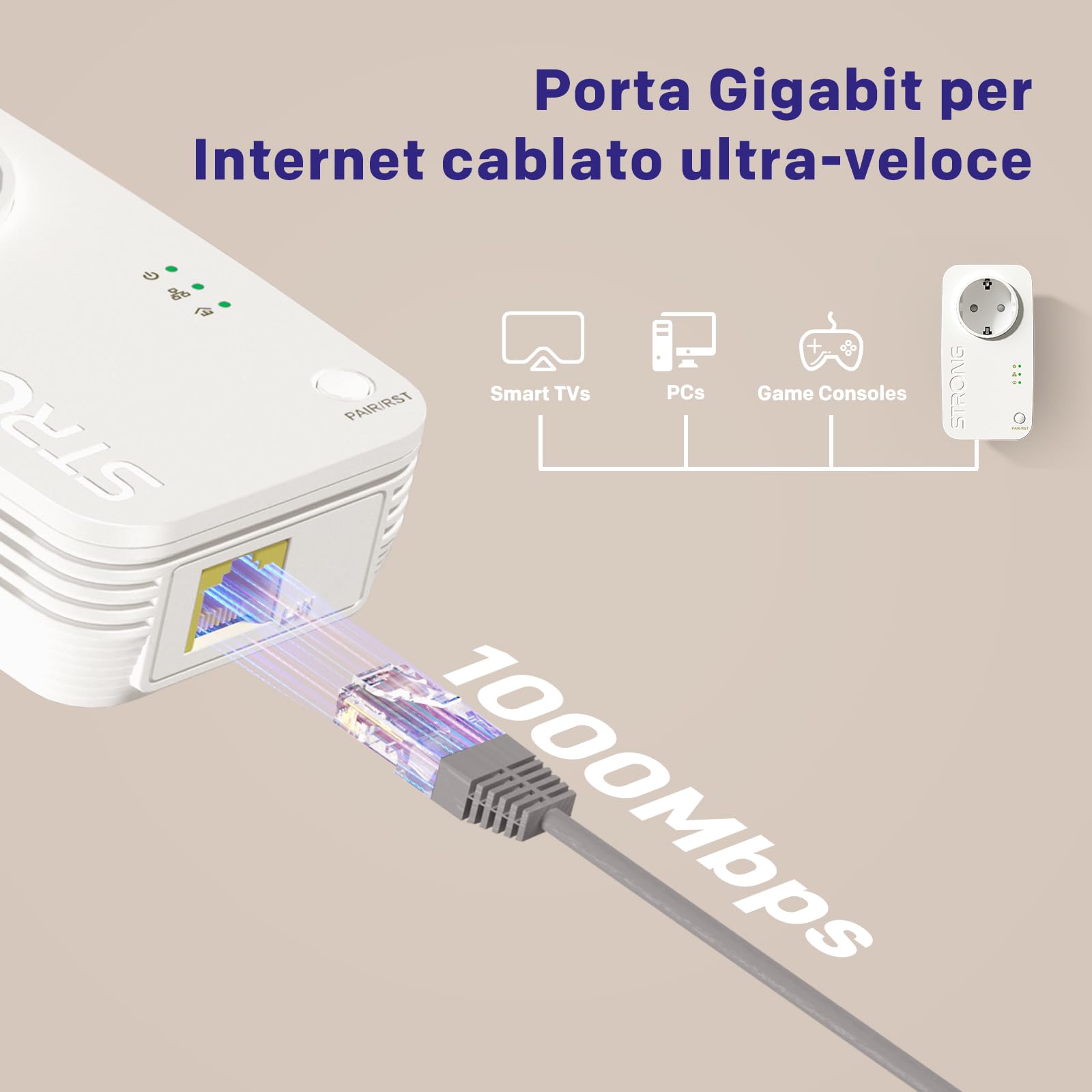 STRONG AV1000Mbps Kit Powerline con Pass Through, Presa Integrata, Ripetitore Powerline Ethernet HomePlug AV2, Porte Gigabit, Plug & Play, Compatibile con Router, Modalità Risparmio Energe (PL1000S)