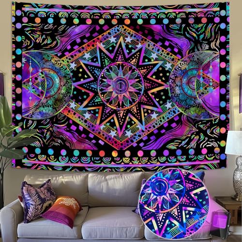 Blacklight Sun and Moon Tapestry Glow in The Dark Neon Hippie Bohemian Tapestries for Bedroom Aesthetic UV Reactive Purple Celestial Tie Dye Tapestry Wall Hanging for Living Room Dorm (48'' × 36'')