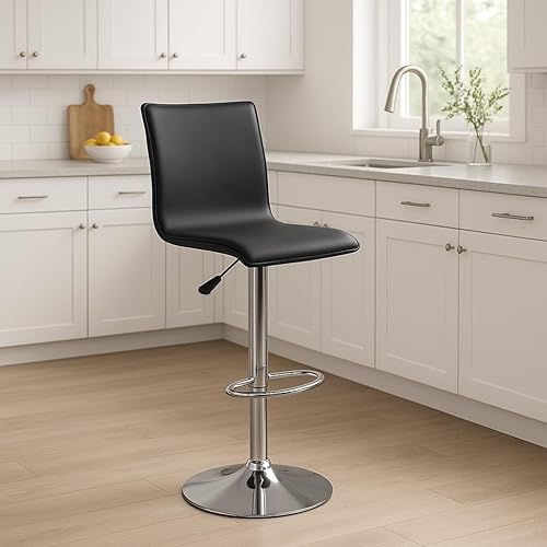 Ergode Taburete giratorio de madera con respaldo alto Airlift: cuero sintético negro, giro de 360°, altura ajustable, reposapiés. Duradero, fácil de