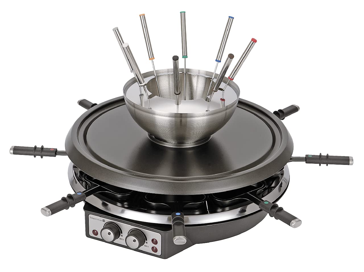 Tarrington House Fondue à raclette en acier inoxydable, combinaison 2 en 1, Ø 40 cm, 0,6 l, 1900 W, avec pierre à griller, poêlons et poussoirs, raclette 8 personnes