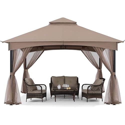 MASTERCANOPY Tool Free Patio Gazebo Screw Free Easy Installation Outdoor Garden Gazebo with Netting Walls (11x11,Khaki)