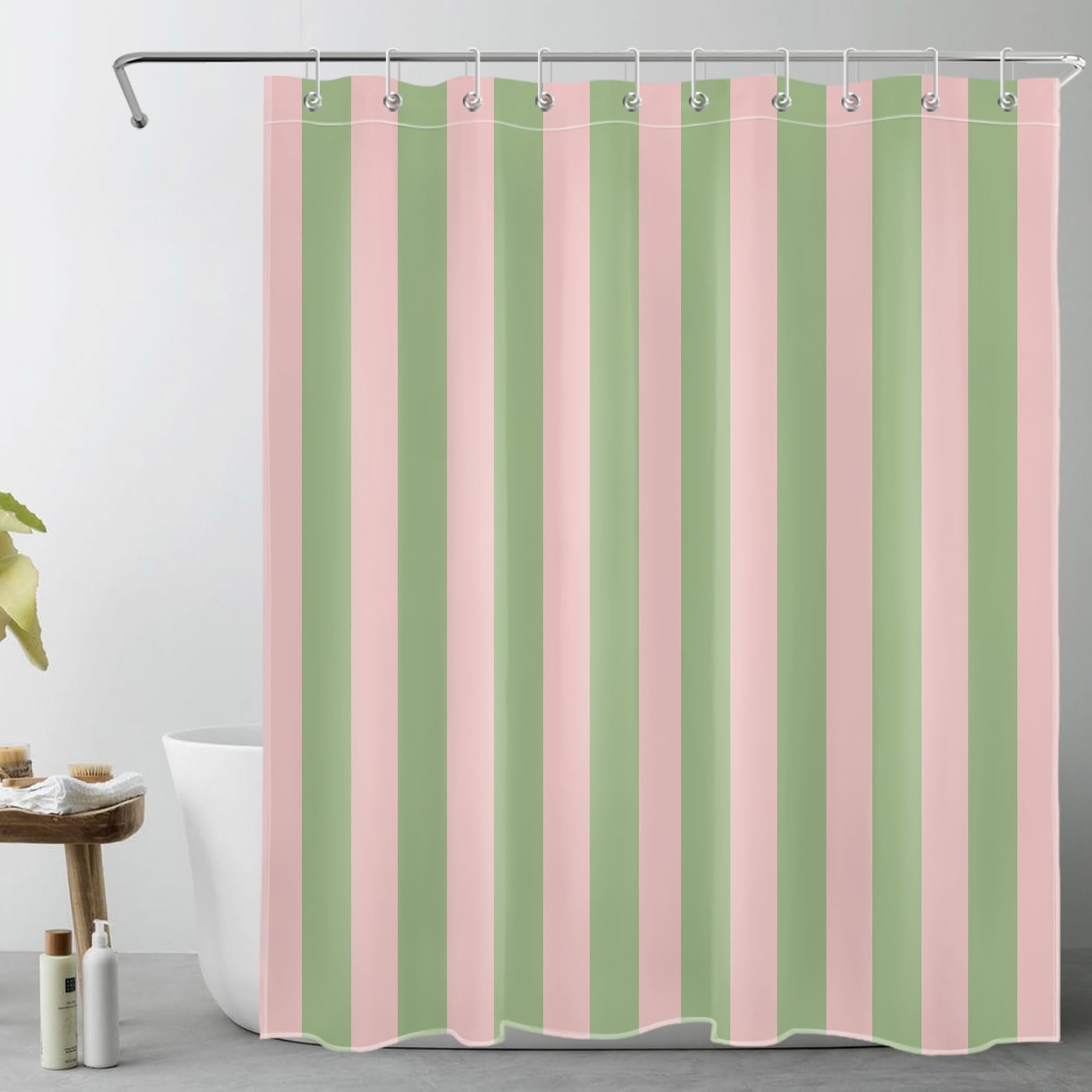 EOBTAIN Pink and Green Striped Shower Curtain for Bathroom Modern Abstract Minimalist Vertical Stripe Shower Curtain with 10 Hooks Vintage Aesthetic