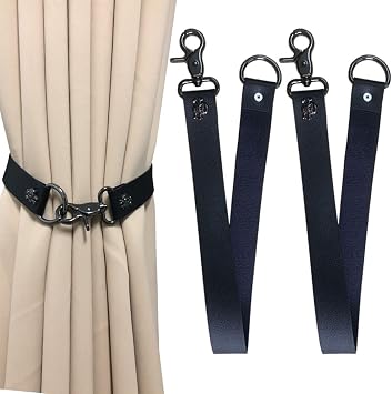 Leather Curtain Tiebacks Buckle, PU Leather Curtain Rod Holder Window Treatment Holdbacks Drapery Tie Backs for Modern Vintage Curtain Skull Decor 2 Pack Black