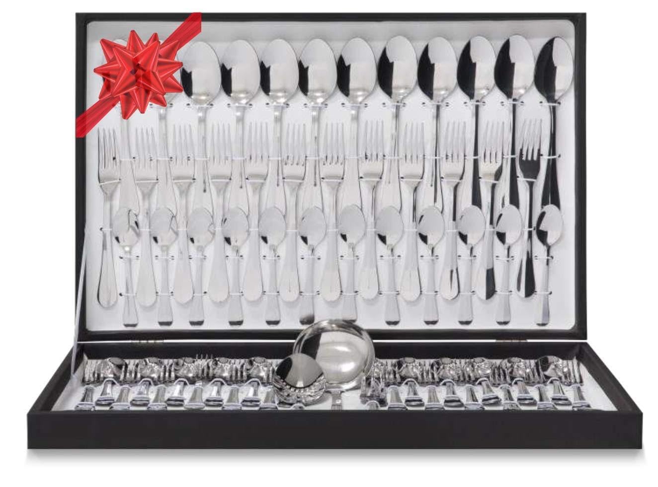 Cubertería 75 Piezas Inox de Luxe Juego con Cuchillo Carne Estuche-Regalo en Acero Inoxidable
