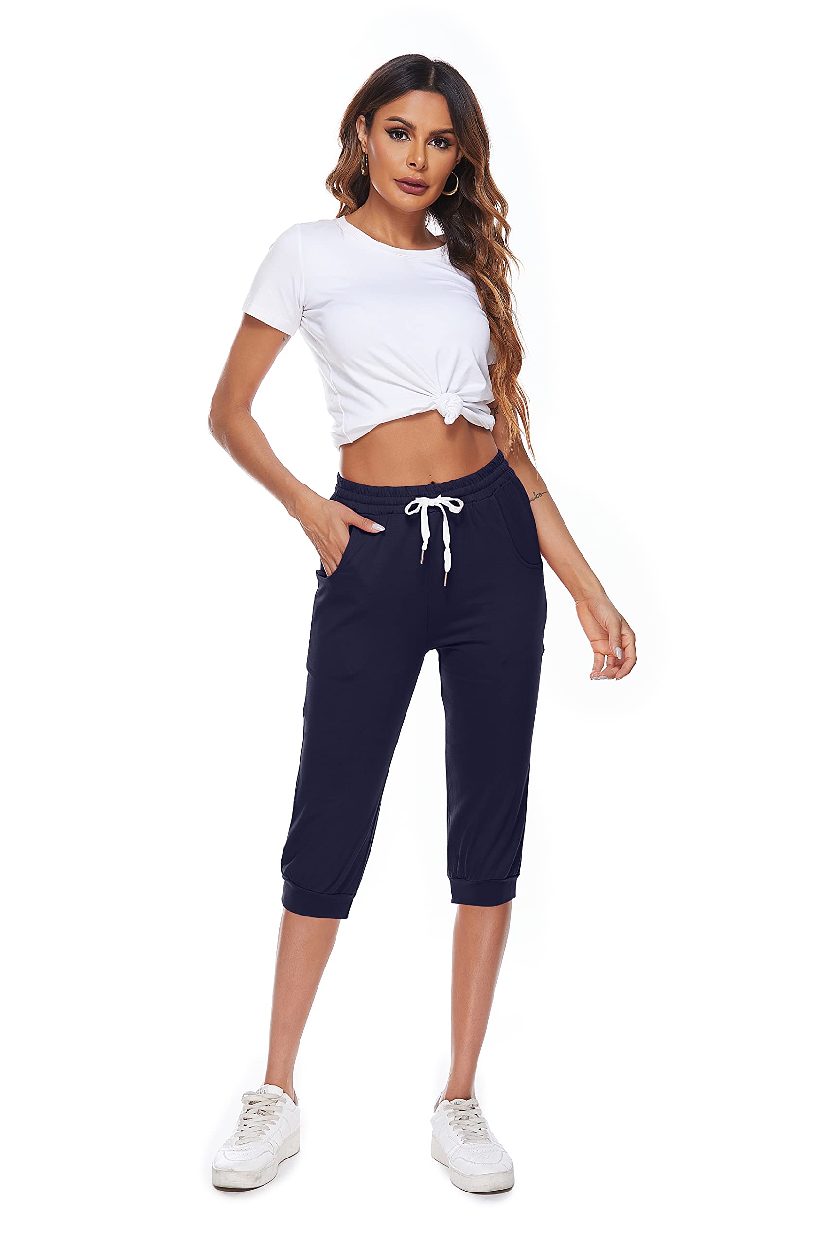 Pantacourt Femme Sport 3/4 Pantalon de Jogging Coton Léger Capri Pantalon Survêtement Yoga Gym Running Pantalons avec Poches
