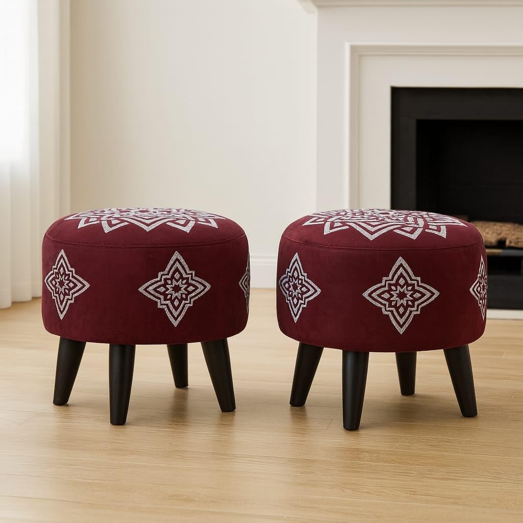 Jaico Round Ottoman with Moroccan-Inspired Geometric Pattern – Upholstered Footstool with Wooden Legs, Beige and Brown Accent Stool for Living Room or Bedroom Pack of 2. (Maroon)
