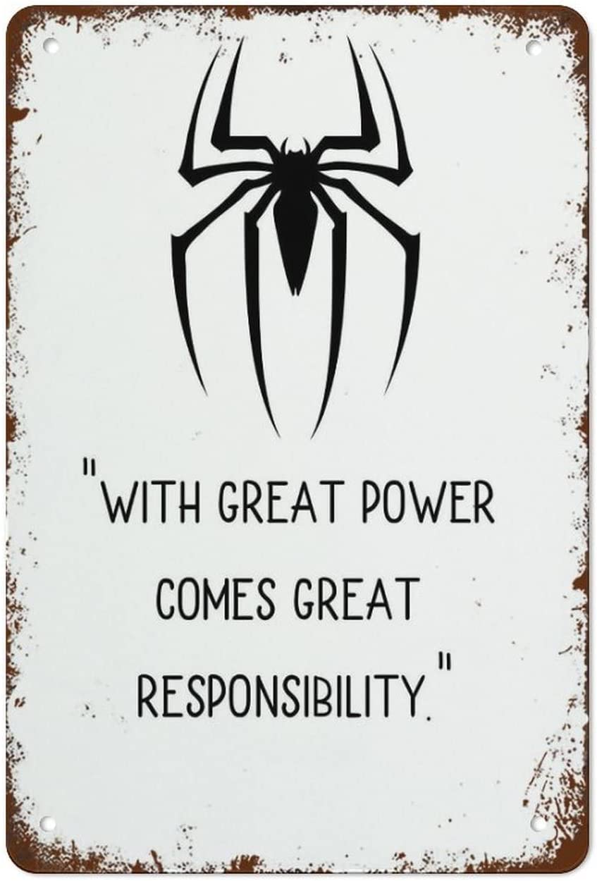 Kwqdozf Tin Sign-9 12X16inch Responsibility Comes Great Power Kids Room Spider Typography Alum