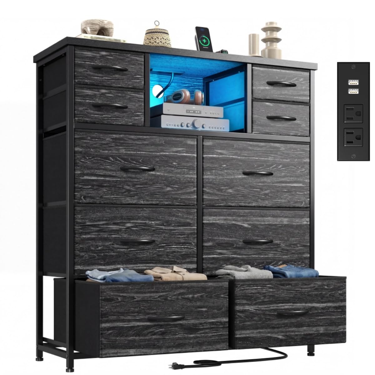 DurayLoly Dresser for Bedroom with 10 Fabric Drawers, Organizer Unit with LED Light & Charging Station, Sturdy Chest of Drawers with 2 Open Wooden