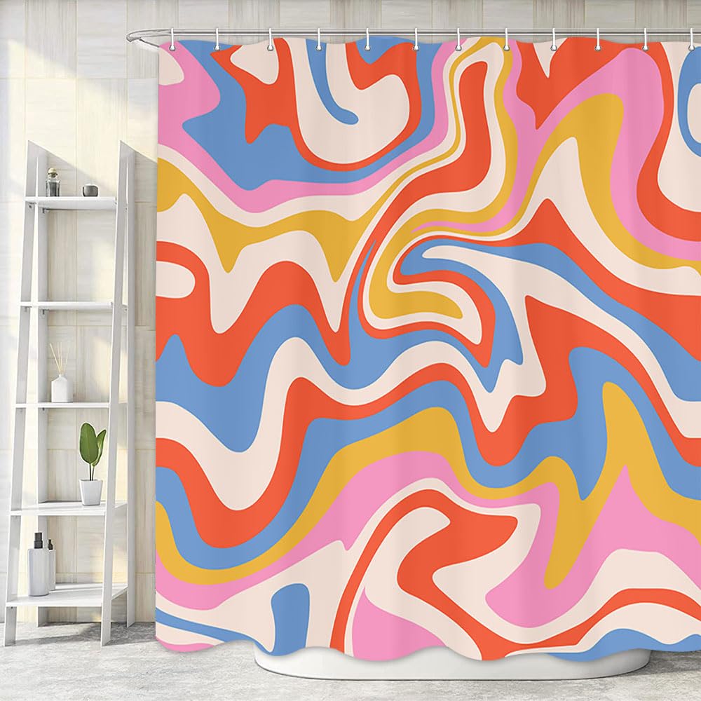 Dongbei Boho Shower Curtain, Cute Aesthetic 70S Abstract Wavy Swirl Bathroom Curtain Liner, Fun Pastel Pastel Rainbow Colorful Groovy Minimal Teen