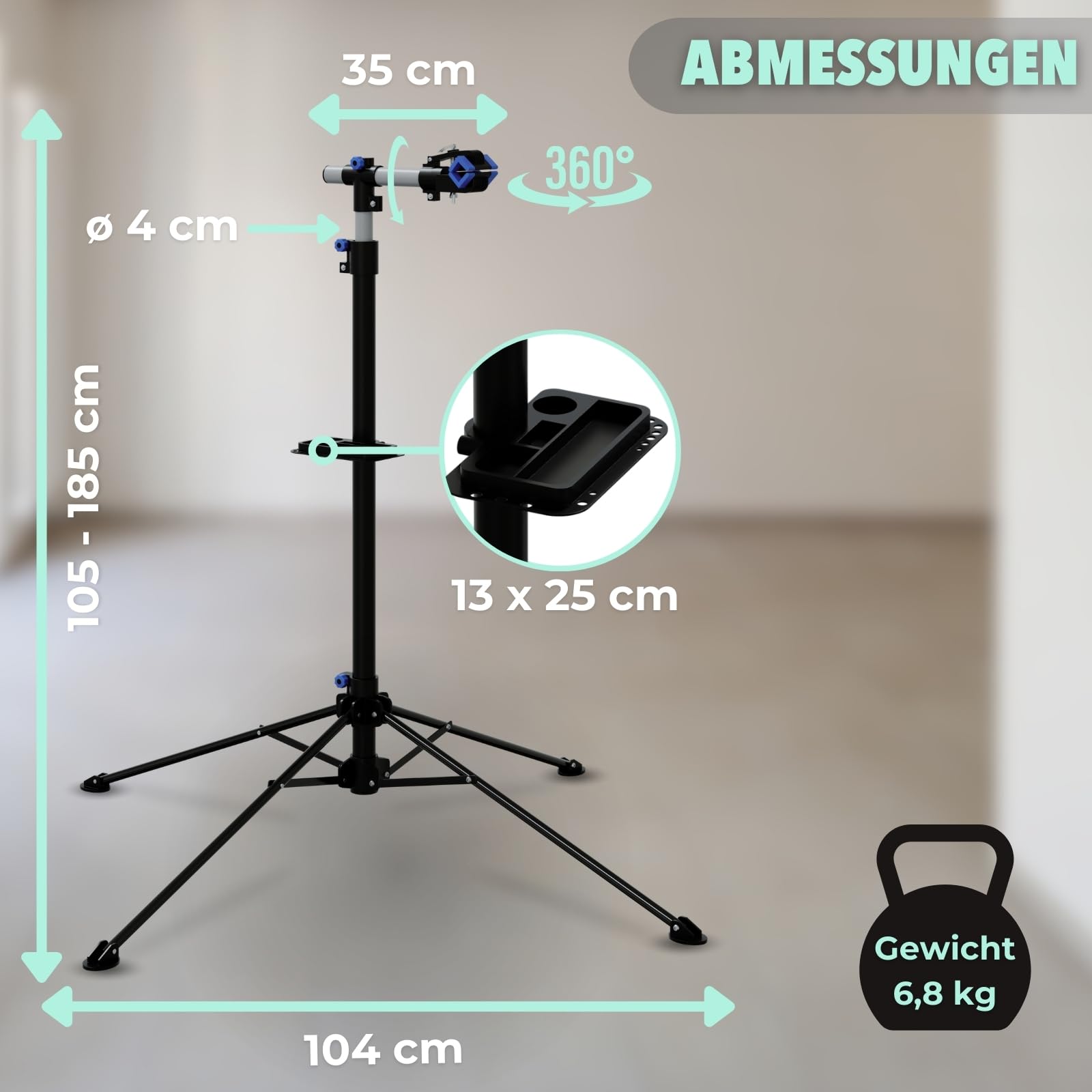 HAGO24 E-Bike Montageständer in Schwarz I Tragkraft bis 50kg I Höhenverstellbarer Montageständer für Fahrräder I Robuster Fahrrad Reparaturständer aus Stahl I 360° drehbare Fahrradhalterung