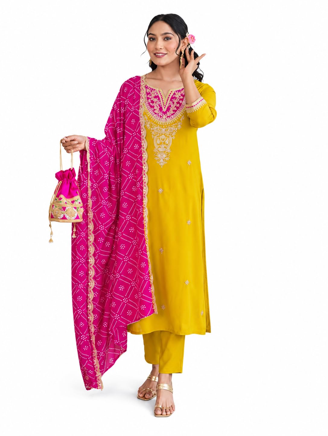 cotton bland Designer Women’s Chanderi Silk Kurta Pant Set with Traditional Bandhani Dupatta | Embroidered Straight Kurta Ethnic Suit for Festival, Wedding-picture-43