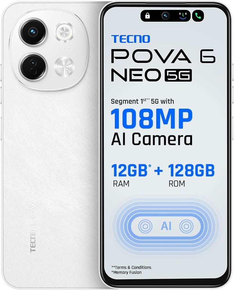 Tecno POVA 6 NEO 5G (Aurora Cloud, 6GB+128GB) | Advanced AI Features | 108MP Ultra Clear AI Camera | D6300 Powerful Processor | 5 Year Lag Free Fluency | 5000 mAh Battery | in Built Infrared and NFC
