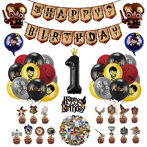 Globos de cumpleaños de Harry Mago, decoración de cumpleaños número gigante "1" Feliz Cumpleaños Pancarta Globos con impresión de Foil Cake Toppers Cupcake Pegatinas para niño de 1 año Cover