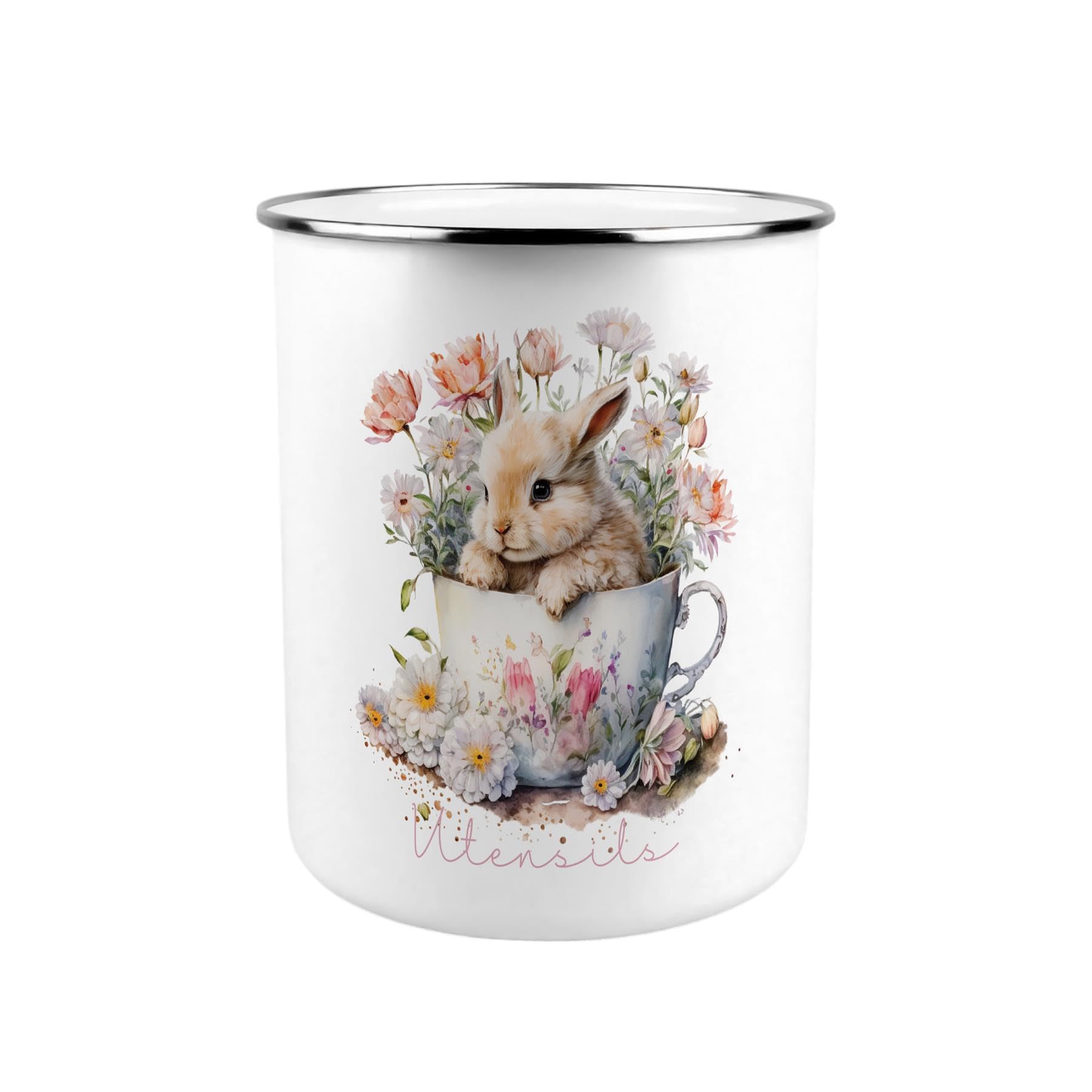 Teacup Bunny Utensil Pot - Enamel XL Kitchen Utensil Organiser Decor Gift