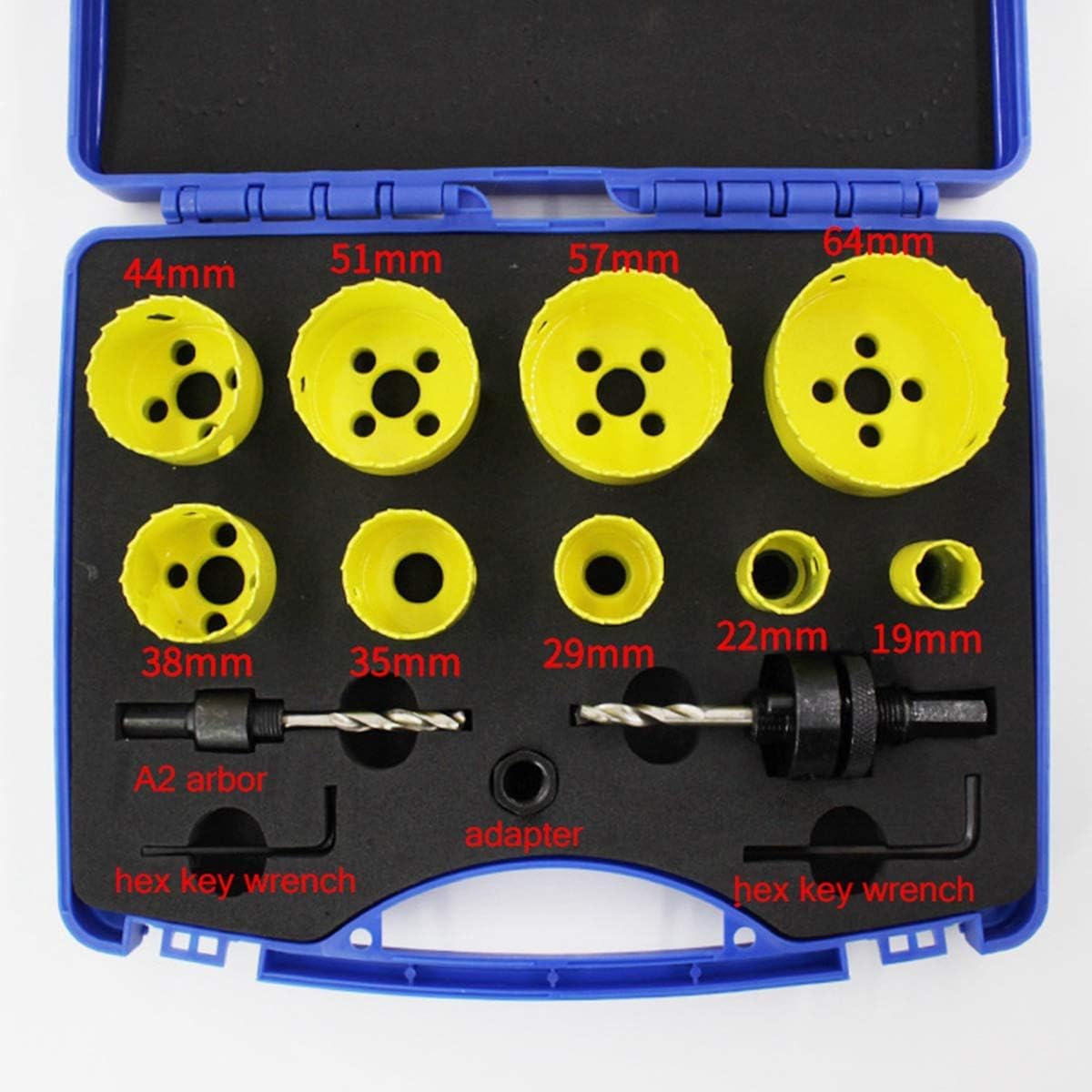 14 Pz Juego de Sierra de Corona Amarillo - (19mm, 22mm, 29mm, 35mm, 38mm, 44mm, 51mm, 57mm, 64mm), Herramienta de Corte para Abrir Agujeros con 1 Adaptador y 2 Mandriles y 2 Llaves Hexagonales