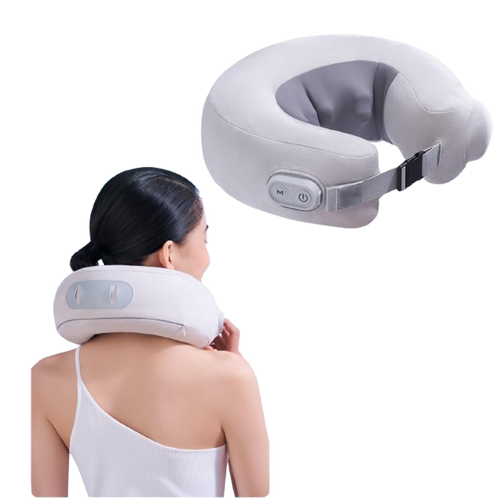 Cuscino per massaggio cervicale con cuscino d'aria multifunzionale a forma di U, massaggio meccanico a 3 velocità, ricaricabile, due testine massaggianti