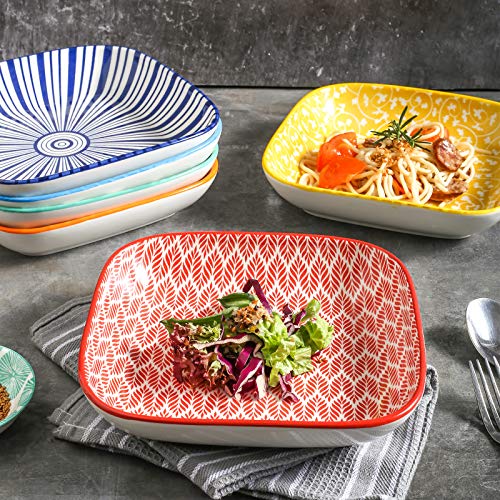 Selamica Porcelain 8-Inch Square Dinner Plates, Salad Pasta Bowls, Set Of 6, Assorted Colors #TOP2