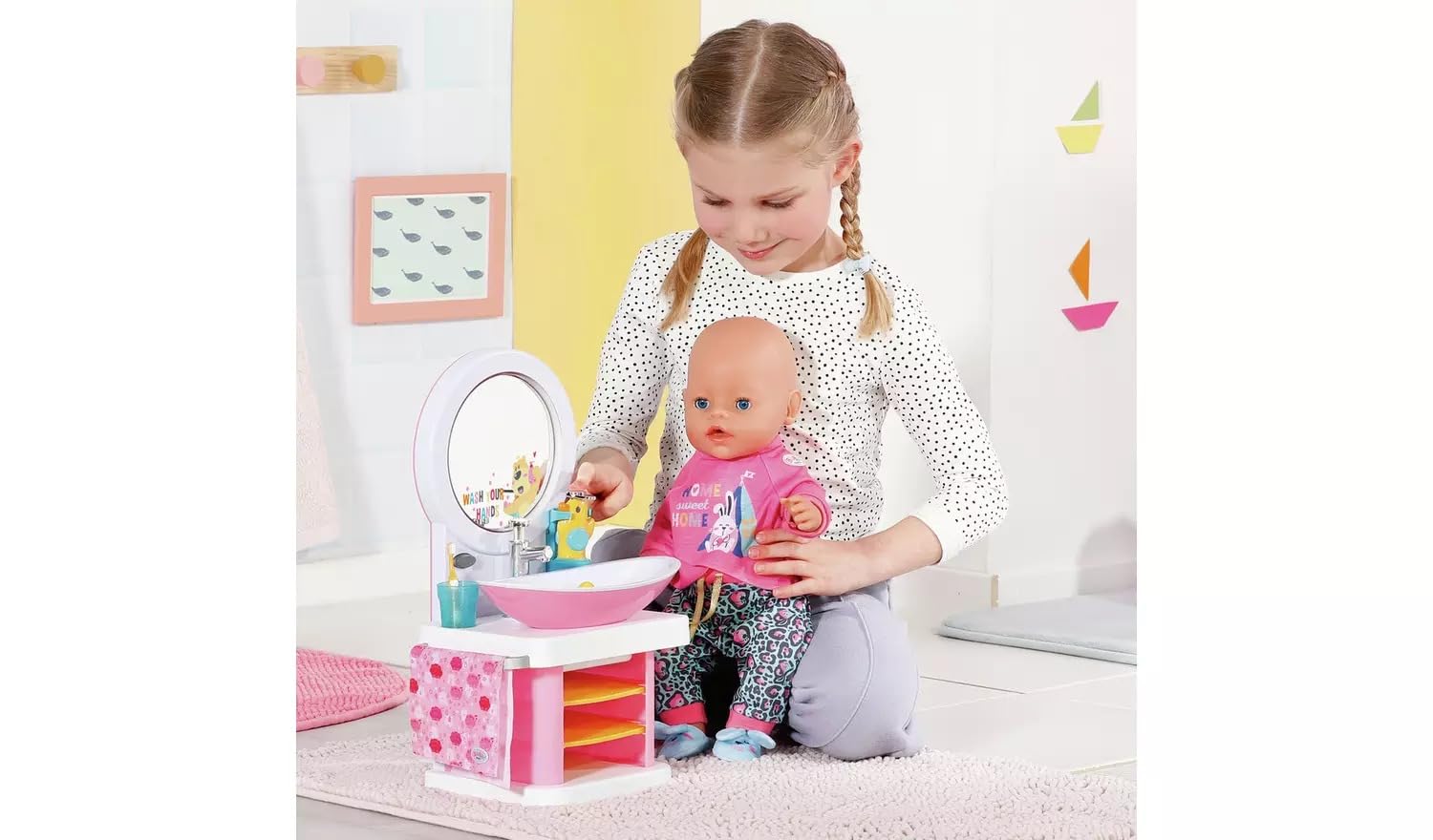 BABY born Umywalka łazienkowa, interaktywna umywalka dla lalek z funkcją oświetlenia i dźwięku, szczoteczka do zębów, kubek do mycia zębów, dozownik mydła i ręcznik, 832707 Zapf Creation