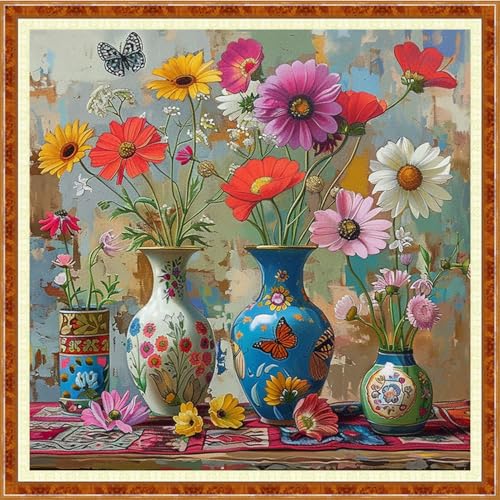 Image of Joyhoor Stamped Cross Stitch Kits for Beginners Needlepoint Kits for Adults Embroidery Kits 11CT Counted Cross Stitch Kits Printed Embroidery Pattern-Beautiful Flower vase 18x18 inch