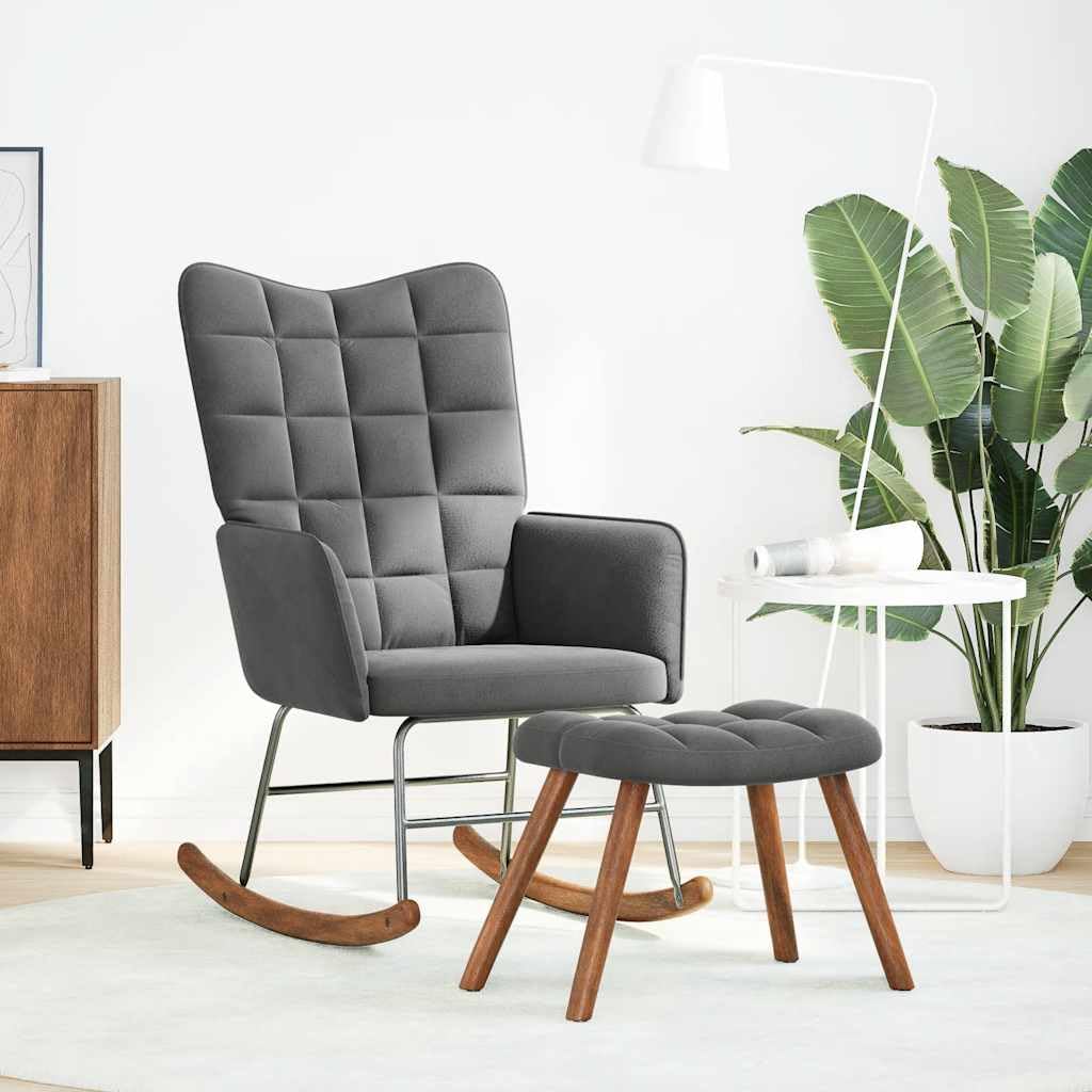 Mecedora con taburete de terciopelo gris oscuro, cómodo sillón con asiento y respaldo acolchados gruesos, marco estable de madera contrachapada y metal, patas de madera para un soporte seguro