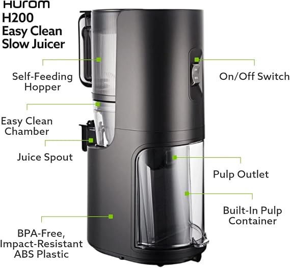Hurom H-200 Electronic Slow Juicer Machine (Silver) - Self Feeding w Big Mouth Hopper to Fit Whole Fruits & Vegetables - Healthy Living - Easy Rinse Clean No Scrub BPA Free Easy Assembly