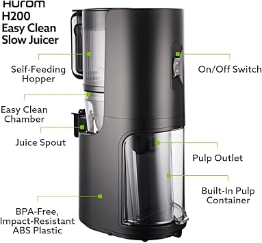 Hurom H-200 Electronic Slow Juicer Machine (Silver) - Self Feeding w Big Mouth Hopper to Fit Whole Fruits & Vegetables - Healthy Living - Easy Rinse Clean No Scrub BPA Free Easy Assembly
