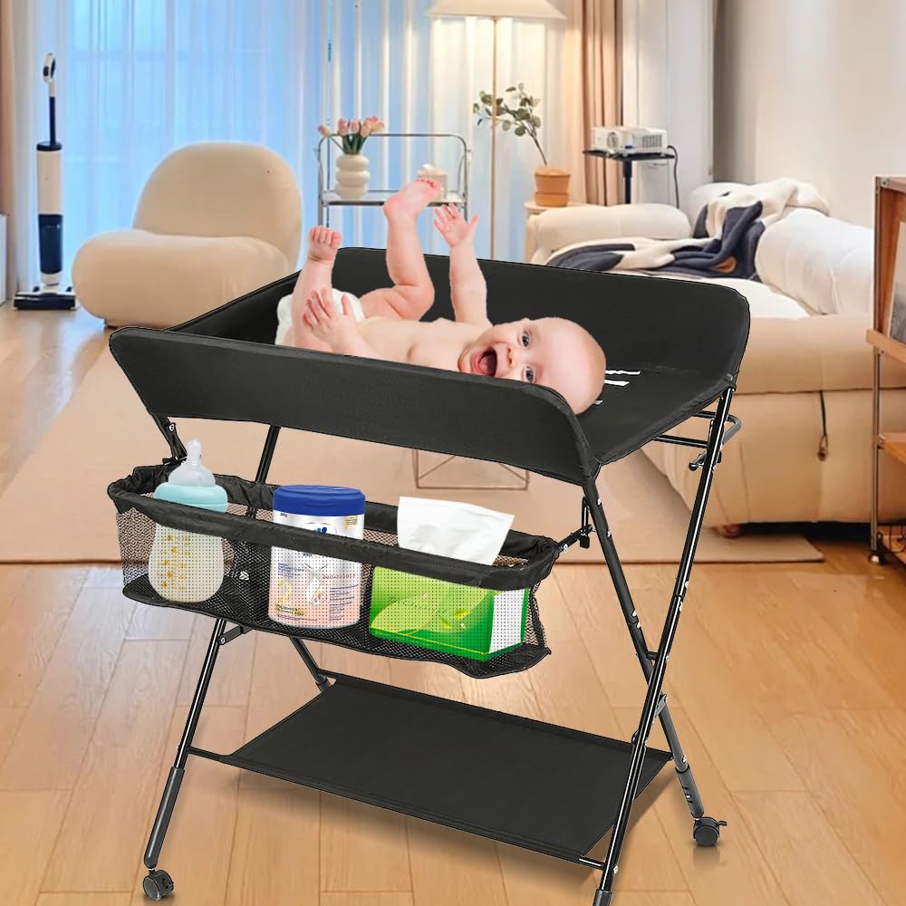 Fasciatoio Pieghevole per Neonato con Struttura Stabile,Fasciatoio per Bambini, Salva Spazio, per Cambio Pannolino,4 ruote con freno,Fasciatoio Portatile con Scomparti Portaoggetti
