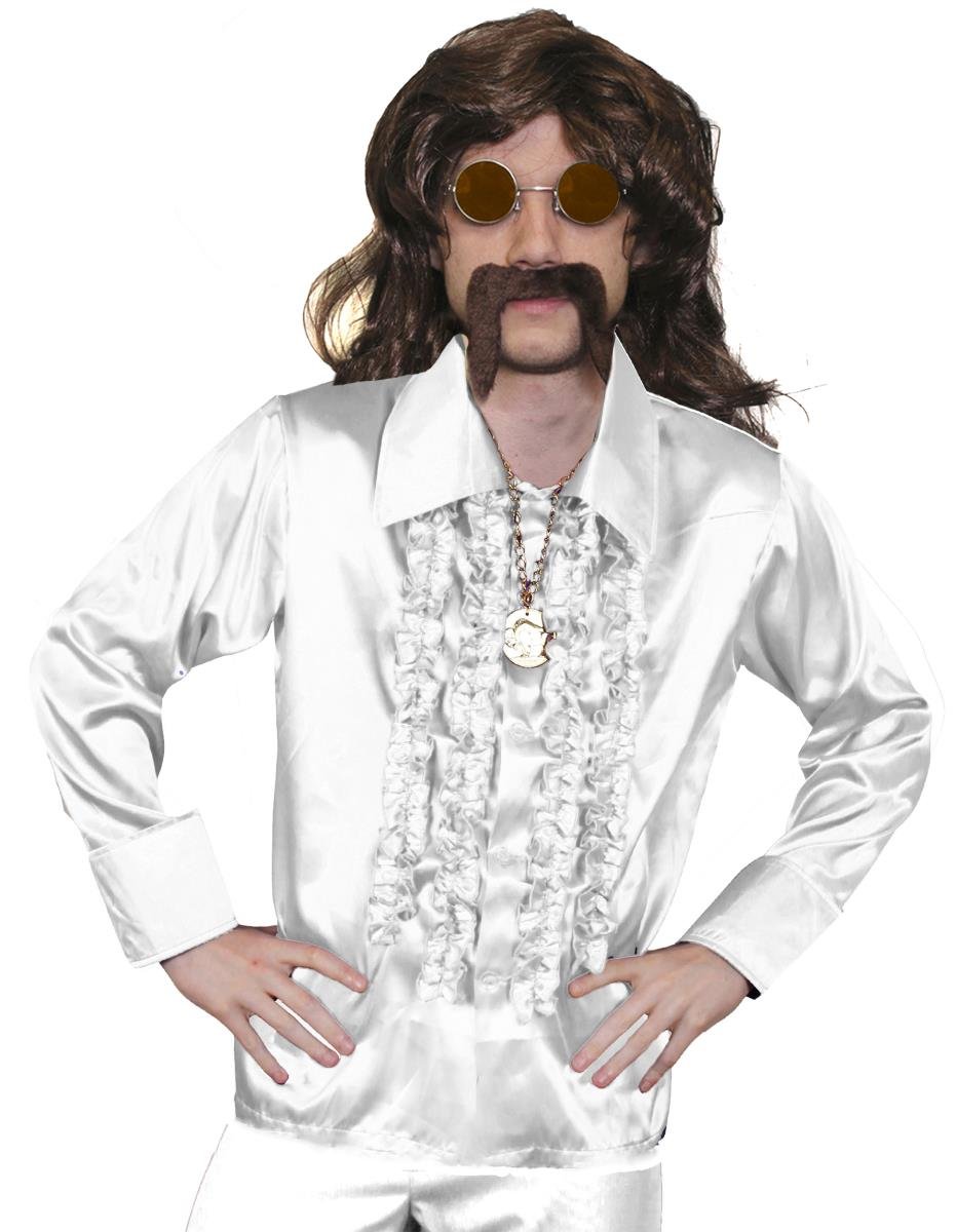 Mens 70s Disco Fancy Dress Costume - Mens Long Brown Wig, White Disco Shirt, Gold Medallion, Orange Glasses + Brown Moustache - Funky Fancy Dress Costume - White Shirt (Xx-large)