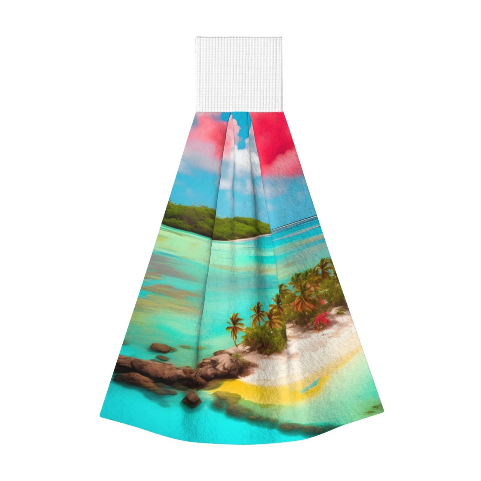 WUPngg Caribbean Scenery Bathroom Tie Towels/Dish Cloth,Kitchen Hanging Towel, Coral Fleece Dry Cleaning Hand Dishcloths One Size