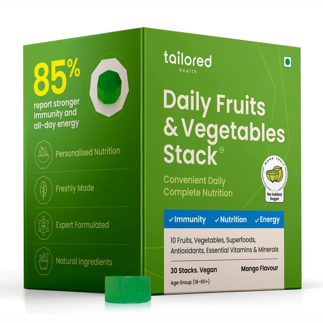 Daily Fruits and Vegetables Stack | Boost Energy & Strengthen Overall Immunity | Enriched with 7 Fruits & 7 Vegetables (i.e 14 Natural Ingredients) | No Added Sugar | 30 Vegan Stacks