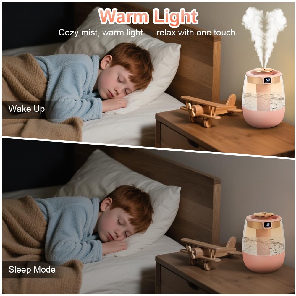 Humidificador 1.8L Silencioso para Bebes Doble Cámara con Pantalla de Humedad Inteligente Tres Modos Luz Nocturna UV USB Rosa