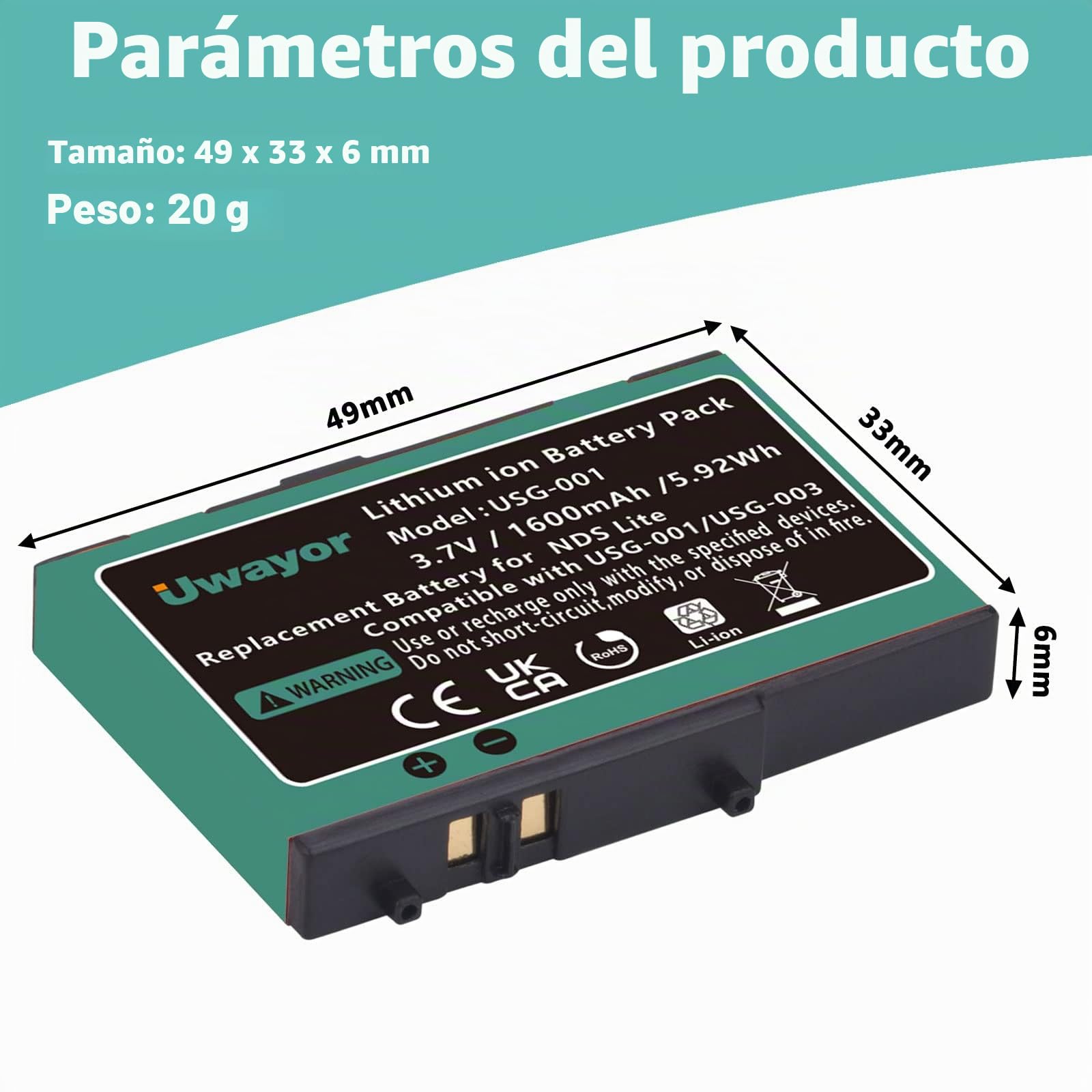 DS Lite - Batería recargable de iones de litio para consola de juegos Nintendo DS Lite (1600 mAh, los colores nuevos y antiguos se envían al azar)