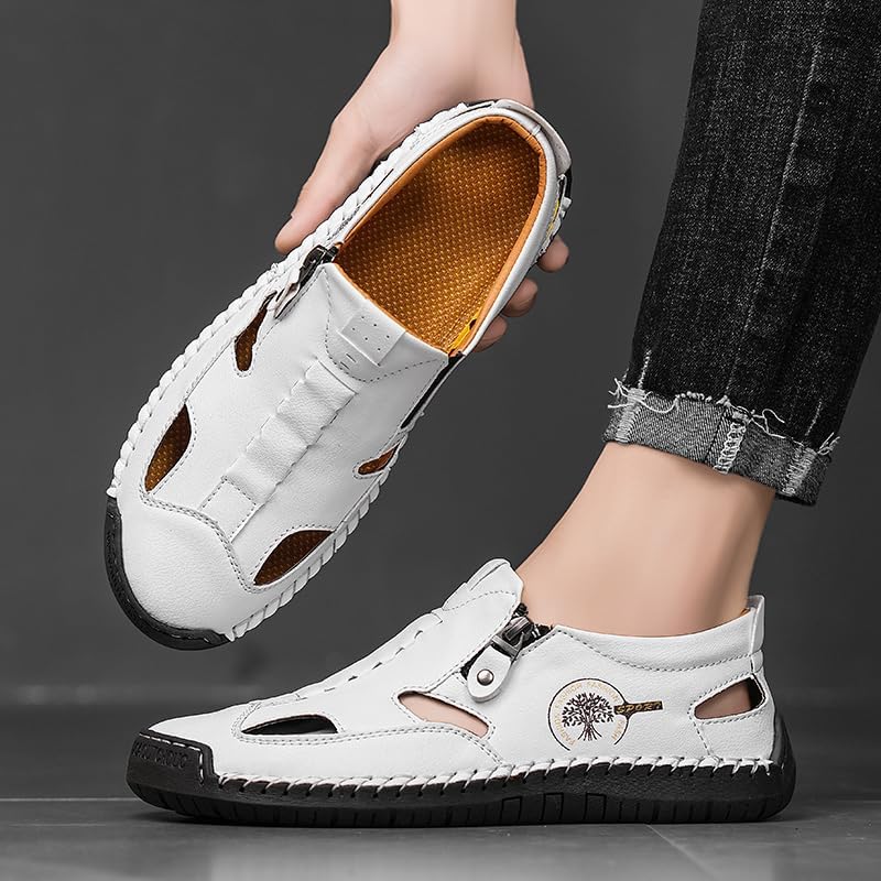 Men's Closed Toe Sandals Hand Stitching Leather Breathable Walking Driving Shoes Summer Flip Flops Casual Anti Slip Slip On Slippers Shoes4