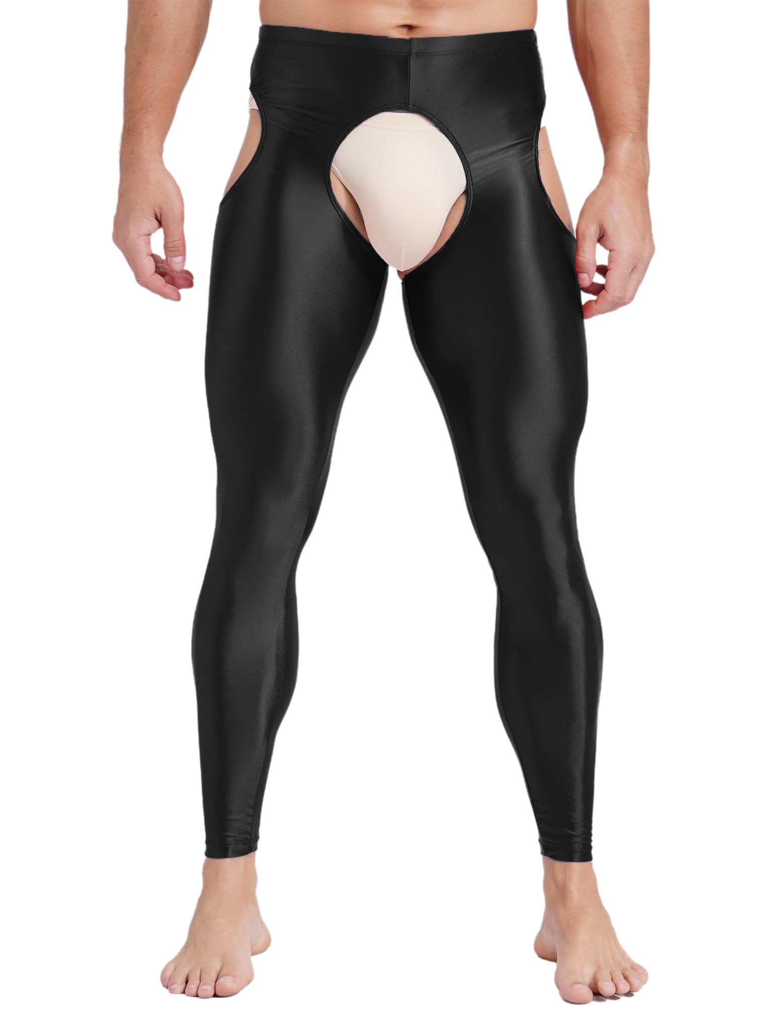 Oyolan Men's Glossy High Stretchy Compression Tights Leggings Running Sports Workout Baselayer Ice Silk Pants