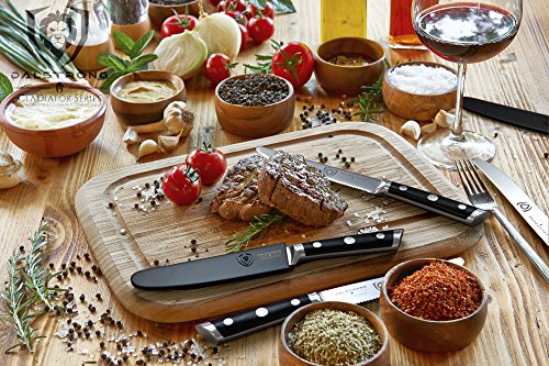 DALSTRONG Steak Knives - Set of 4 - Gladiator Series - Forged German ThyssenKrupp HC Steel w/Sheaths (5" Serrated-Edge Blade, Black G10 Garolite Handle)