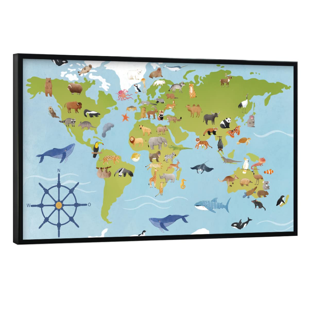 artboxONE Poster mit schwarzem Rahmen 75x50 cm Für Kinder Tiere der Welt - Bild Weltkarte Kontinente lebensräume