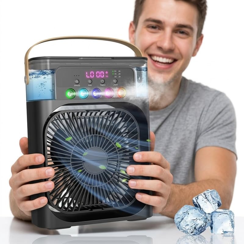 Image of (10 Years Assured Warranty) Mini Desk Air Cooler Fan Portable USB Powered with LED Lighting Mist Spray and Adjustable Speed Settings for Personal Cooling