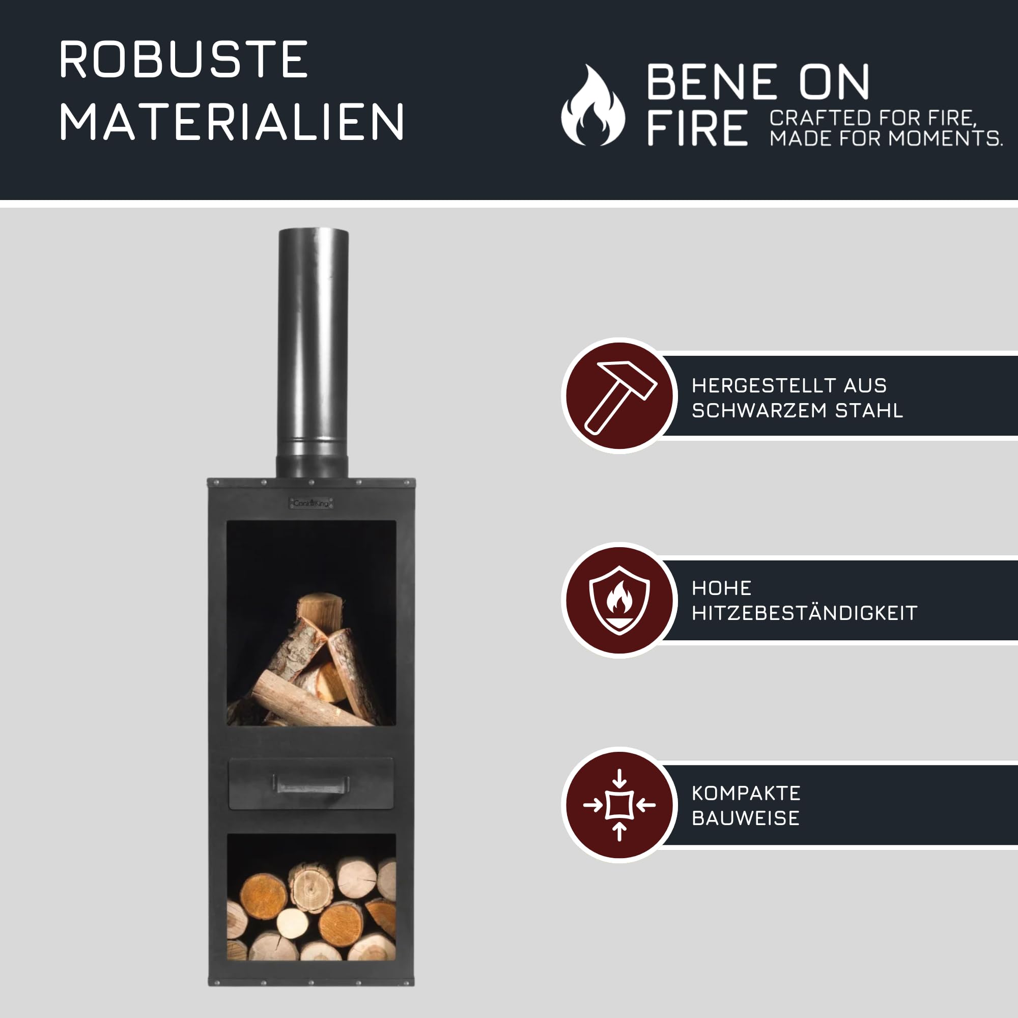 BENE ON FIRE Terrassenofen Delaware 150 cm | Gartenkamin Outdoor Kaminofen modern | Gartenofen mit Brennkammer und Holzlager | Terrassenkamin Stahl schwarz | Feuerofen für die Terrasse Gartenparty