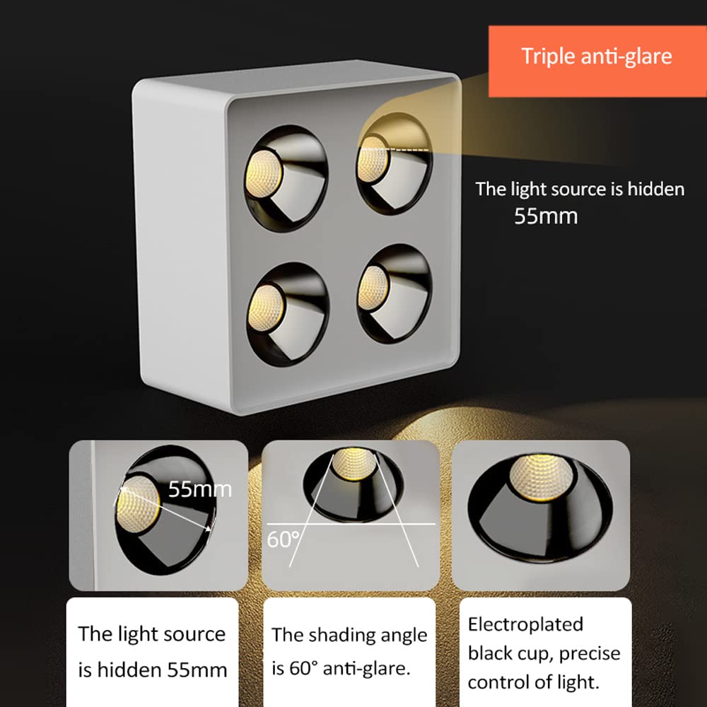Faretto da soffitto Quadrato antiriflesso da Superficie Senza Foratura 8W/16W/24W/32W Illuminazione per Soggiorno 3000K/4000K/6000K selezionabili.,Testa Singola - 6000K