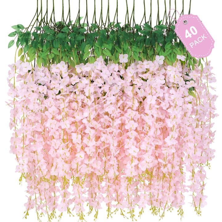 40 Pack Light Pink Wisteria Hanging Flowers Fake Hanging Flowers for Decoration Artificial Hanging Flowers Vines for Bedroom Flower Garland for Home Party Garden Wall Wedding Decoration(3.6 Ft/Pcs)