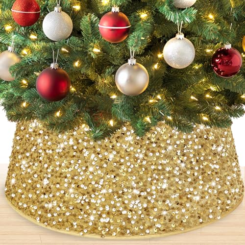 SOQSYS Gold Tree Collar Sequin Tree Christmas Base Collar 28.8 Inches Tree Collar for 7.5 ft Tree Round Tree Base Cover Christmas Tree Collar Box Personalized Xmas Tree Ring for Winter Holiday Decor